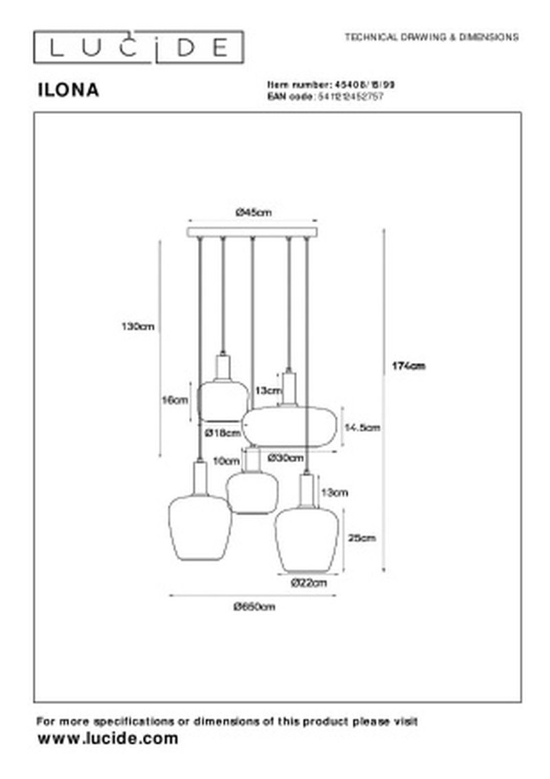Lucide ILONA - Závesné svietidlo - 5xE27 - Čierne